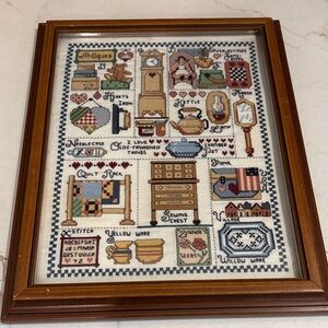 Vintage Framed Cross Stitch Sampler - Old Fashioned Things Motif